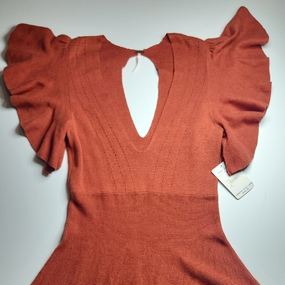 Free People Rust Red Knit Flutter Sleeve Dress NWT $148 Size S - Picture 5 of 12